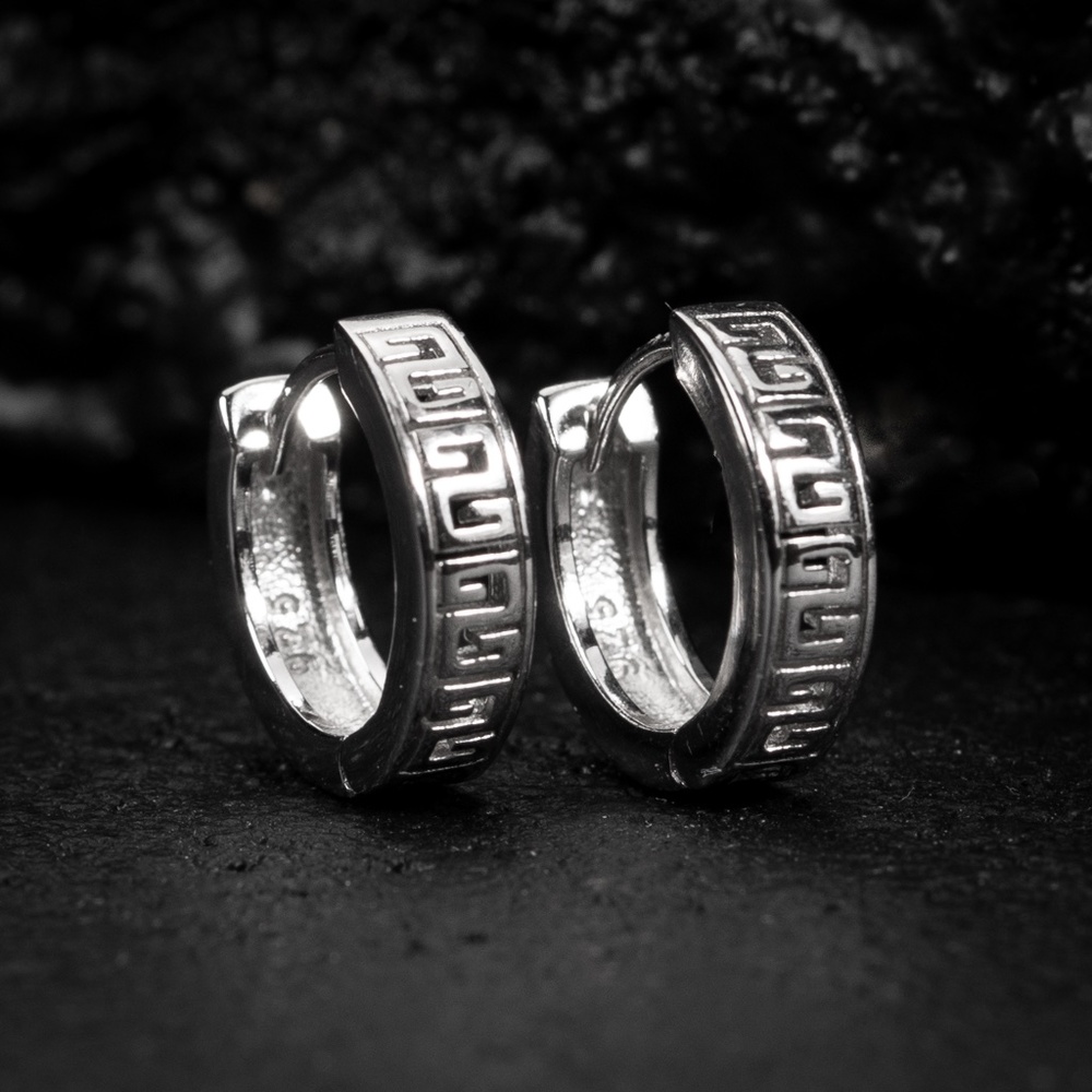 Small Greek Mens Solid White Gold Plated Sterling Silver Huggie Hoop Earrings